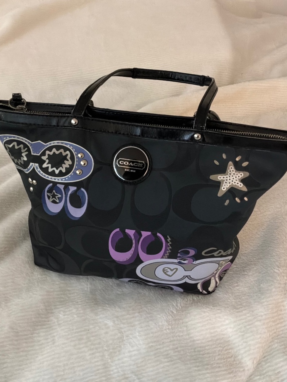 Vintage Y2K Coach Poppy Optical Pop Art Glam Tote Bag Black Purple F17557